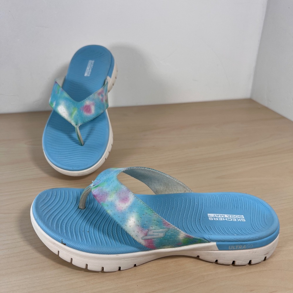 Skechers On-The-Go 600 Sandals Womens 7 Blue Tie Dye Flip Flops 140282